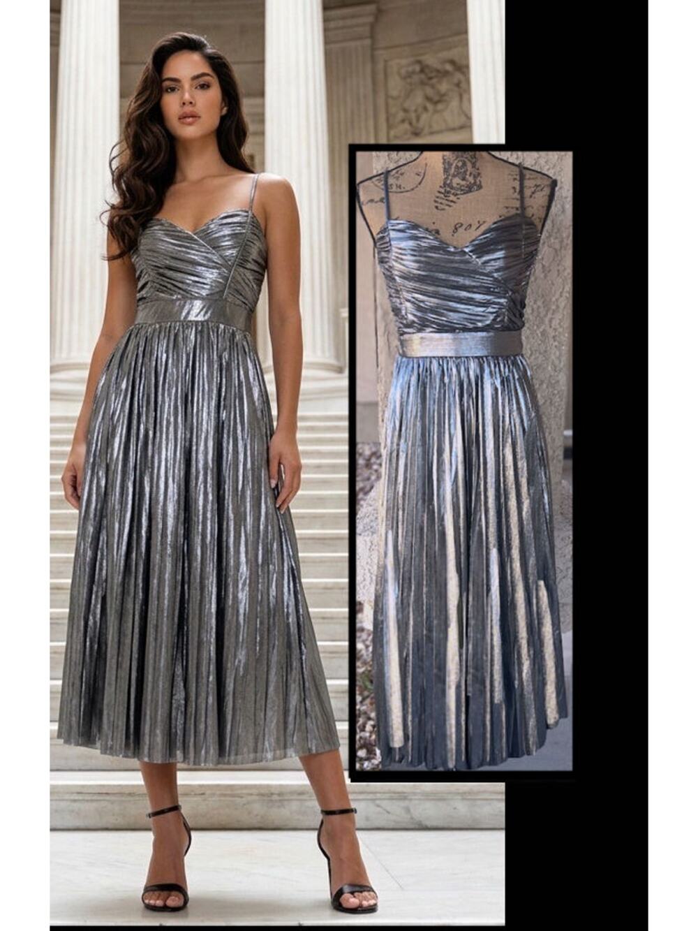 Petal & Pup and FLYING Tomato Silver Metallic Pleated Gaia Maxi Dress Size S NEW